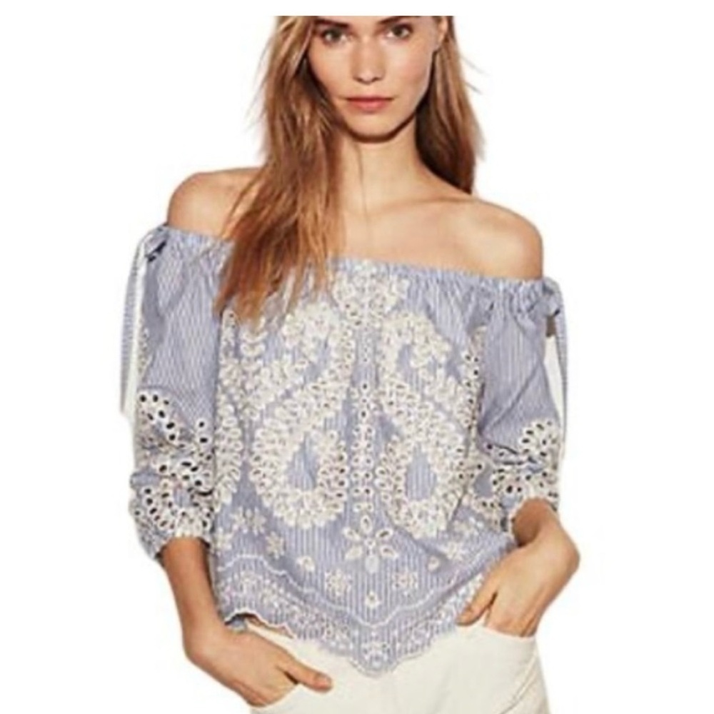 Women’s Express Blue and White Eyelet Off Shoulder Top Size Small 100% Cotton - Picture 11 of 11